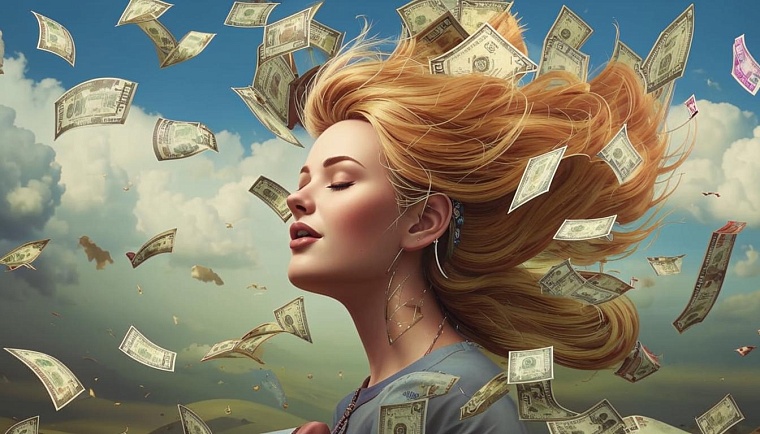 Девушка на ветру, летят деньги. Фото сгенерировано ИИ