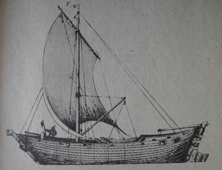 Коч – судно, на котором плыли русские в Мангазею, реконструкция М. И. Белова, иллюстрация из книги «Освоение Сибири в XVII веке».