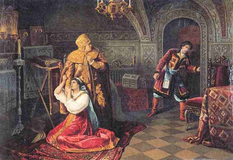 Последние минуты семьи Годуновых, художник Николай Шаховской, 1890-е годы. Интерес к трагическим событиям смутного времени у живописца не случаен. Николай Павлович по происхождению из крепостных крестьянин был однофамильцем князя и воеводы Шаховского.