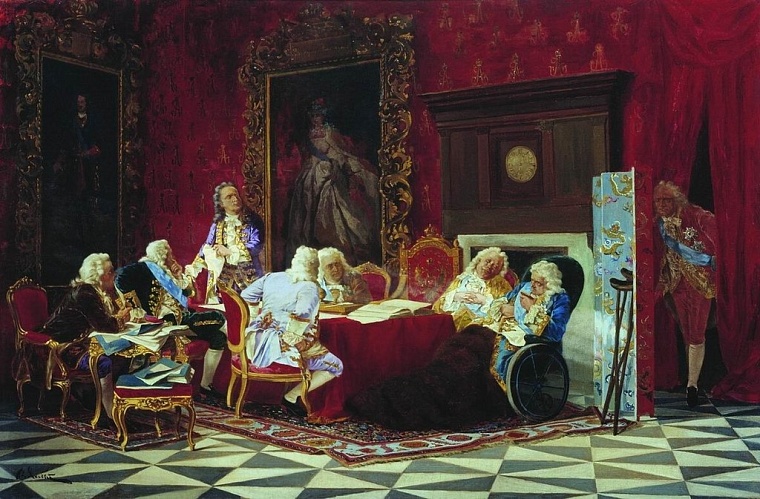 «А.П. Волынский на заседании кабинета министров». Русский живописец Валерий Якоби, 1875 г. На картине мы видим, как министры игнорируют выступающего противника «бироновщины» Артемия Петровича, крайний справа в инвалидном кресле – Андрей Остерман