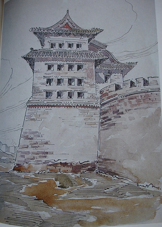 «Башня городской стены Пекина», акварель доктора искусствоведения Евгения Ащепкова, 1952, копия из книги А. П. Долнакова «Сибирский архитектор Е. А. Ащепков», 1992