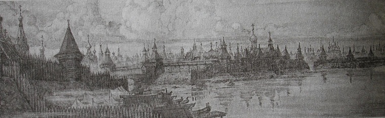 Примерно так выглядел Углич в конце XVII века. Рисунок М. Кудрявцева, фотокопия из книги В. О. Ключевского «Русская история».