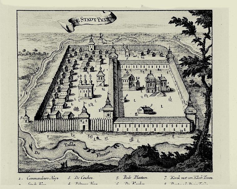 Пелымский острог в XVII столетии. Рисунок из книги Николааса Витсена «Северная и восточная Тартария», изданной в Амстердаме в 1692 г.