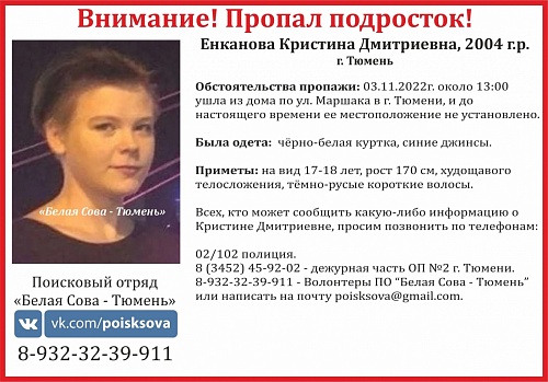 В Тюмени разыскивают 17-летнюю девушку, пропавшую три недели назад