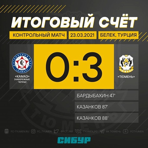 ФК «Тюмень» всухую обыграл «КАМАЗ» на последнем матче в Турции