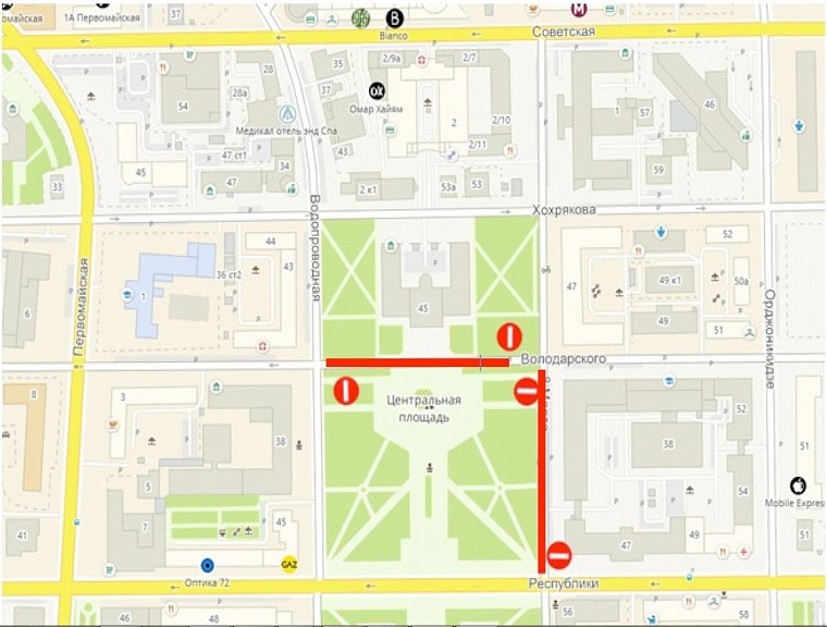 Схема перекрытия в центре Тюмени 15 июля. Источник: tyumen-city.ru
