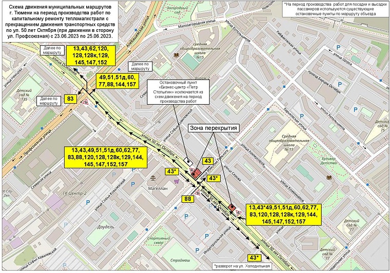 Перекрытие на улице 50 лет Октября и объезд автобусов. Схема: tgt72.ru