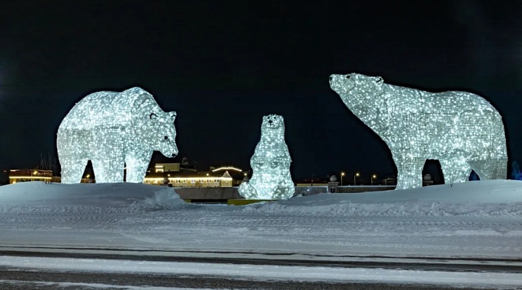 Возле Ямальской филармонии в Салехарде поселилась семья белых медведей