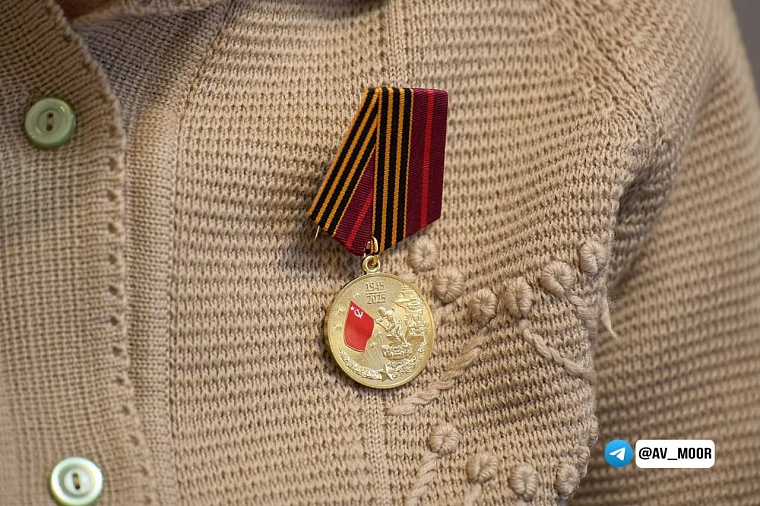 В Сорокинском районе Александр Моор вручил труженице тыла Августе Мышкиной медаль к 80-летию Победы