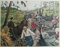 «Прорытие Ладожского канала», художник Александр Моравов, 1910 г. В начале XVIII столетия канал был крупнейшим гидротехническим сооружением Европы