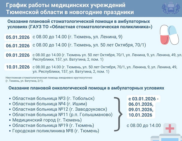 График работы медицинских учреждений Тюменской области в новогодние праздники