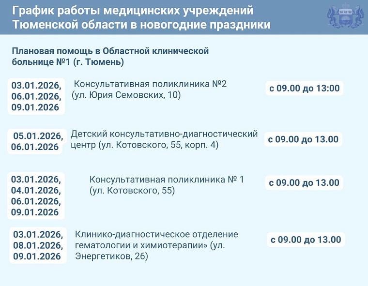График работы медицинских учреждений Тюменской области в новогодние праздники